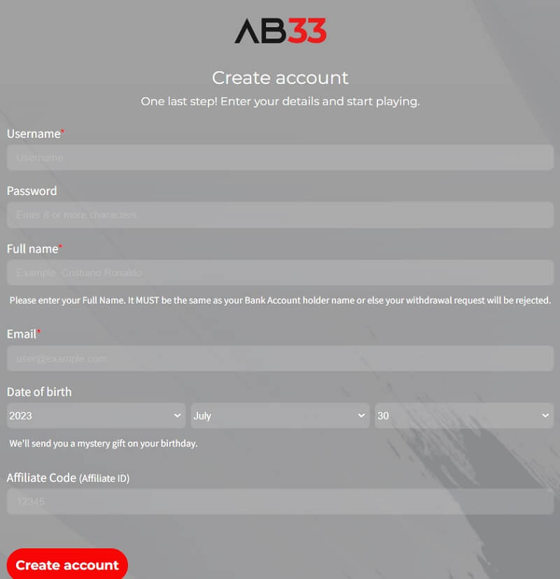 Information needed to create an account at AB33